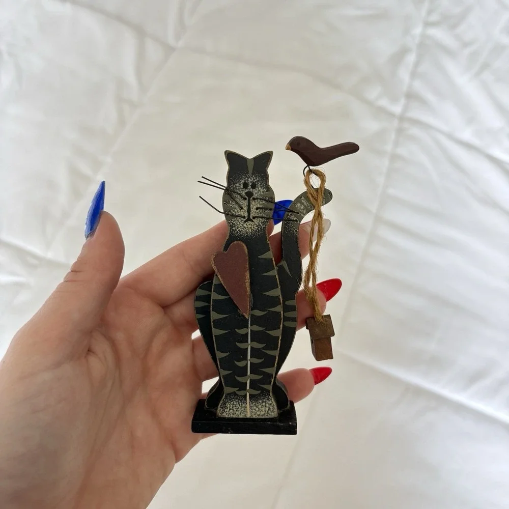 Vintage 90s Folk Art Black Gray Cat Kitty Heart Bird And Bird House Wood Decor